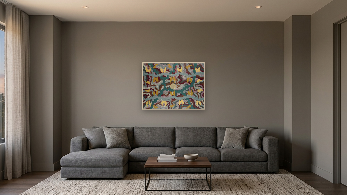 Corkwood Dreaming by Clifford Possum Tjapaltjarri, shown at 30 × 40 in (76.2 × 101.6 cm) on canvas in Ramino Opaque White, media room