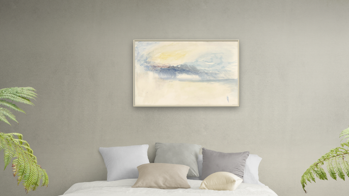 Rain Clouds by Joseph Mallord William Turner, shown at 28 × 42 in (71.1 × 106.7 cm) on canvas in Ramino Opaque White, bedroom