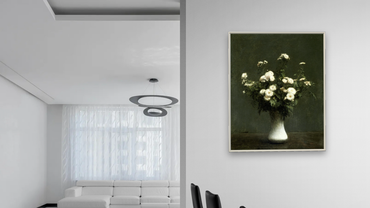 Vase of Chrysanthemums by Henri Fantin-Latour, shown at 32 × 40 in (81.3 × 101.6 cm) on canvas in Ramino Opaque White, dining
