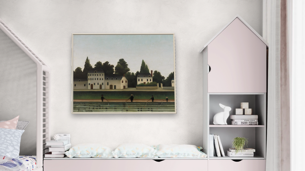 Landscape and Four Fisherman (Paysage et quatre pêcheurs à la ligne) by Henri Rousseau, shown at 32 × 40 in (81.3 × 101.6 cm) on canvas in Ramino Opaque White, bedroom