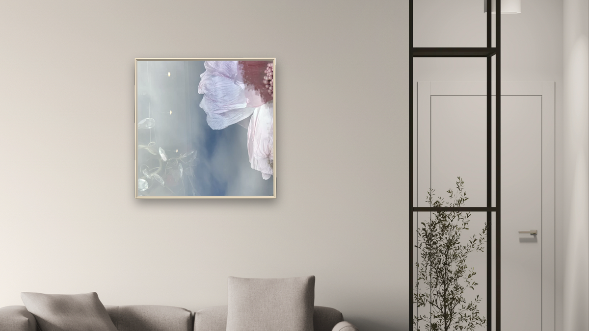 The Rose Embraced Her Blue Sky by Judith Rayl, shown at 32 × 32 in (81.3 × 81.3 cm) on canvas in Ramino Opaque White, living
