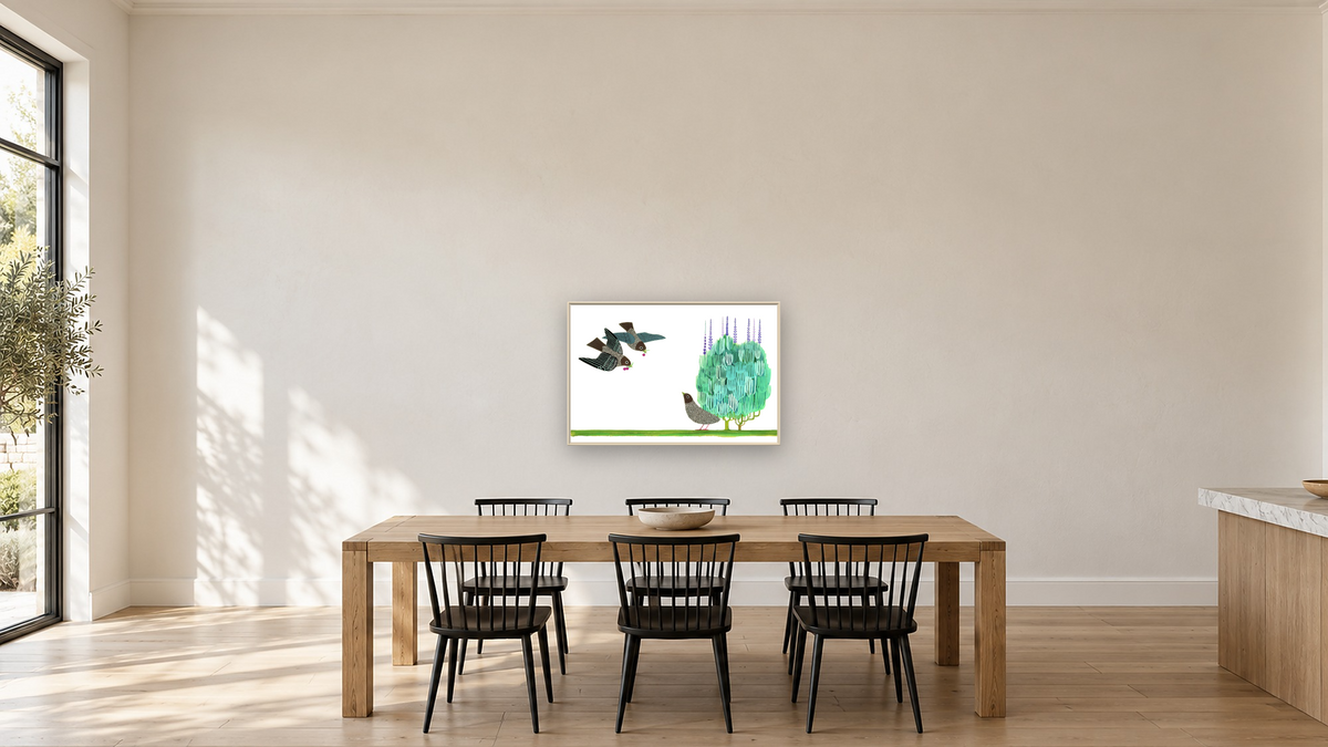 Tico and the Golden Wings by Leo Lionni, shown at 28 × 42 in (71.1 × 106.7 cm) on canvas in Ramino Opaque White, kitchen