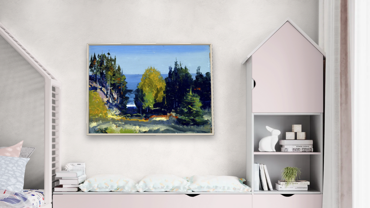 The Grove - Monhegan by George Wesley Bellows, shown at 30 × 40 in (76.2 × 101.6 cm) on canvas in Ramino Opaque White, bedroom