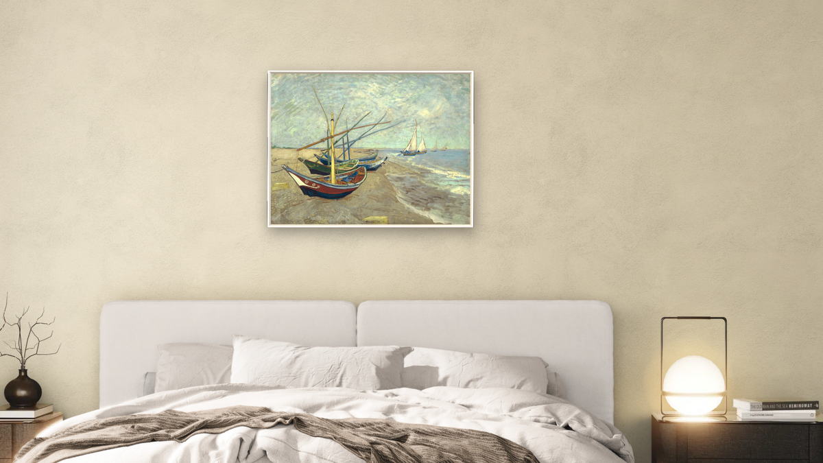 Fishing Boats on the Beach at Les Saintes-Maries-de-la-Mer by Vincent van Gogh, shown at 32 × 40 in (81.3 × 101.6 cm) on canvas in Ramino Opaque White, bedroom