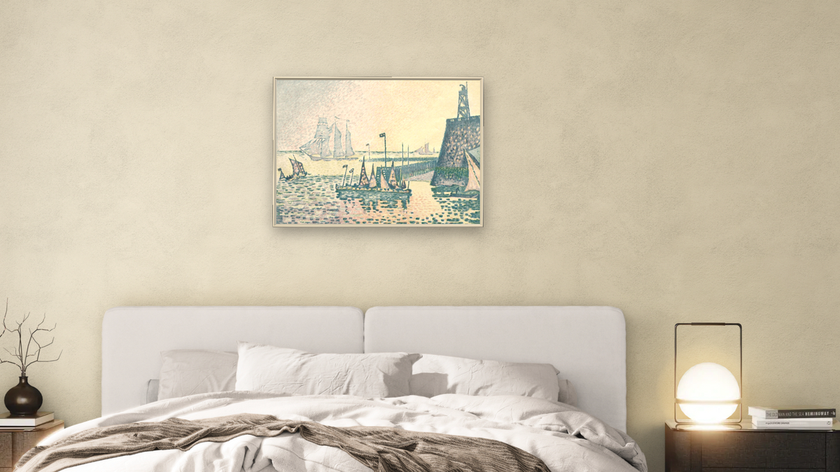 Evening, The Jetty at Vlissingen by Paul Signac, shown at 30 × 40 in (76.2 × 101.6 cm) on canvas in Ramino Opaque White, bedroom