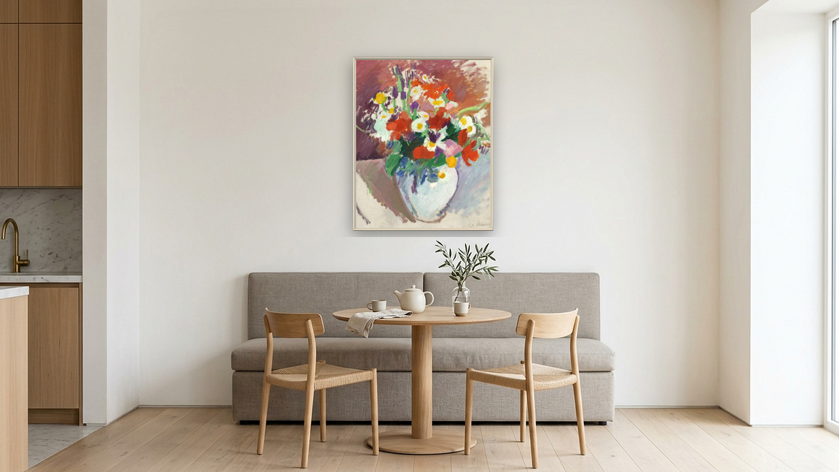 Still Life: Flowers in a Vase by Patrick Henry Bruce, shown at 32 × 40 in (81.3 × 101.6 cm) on canvas in Ramino Opaque White, kitchen