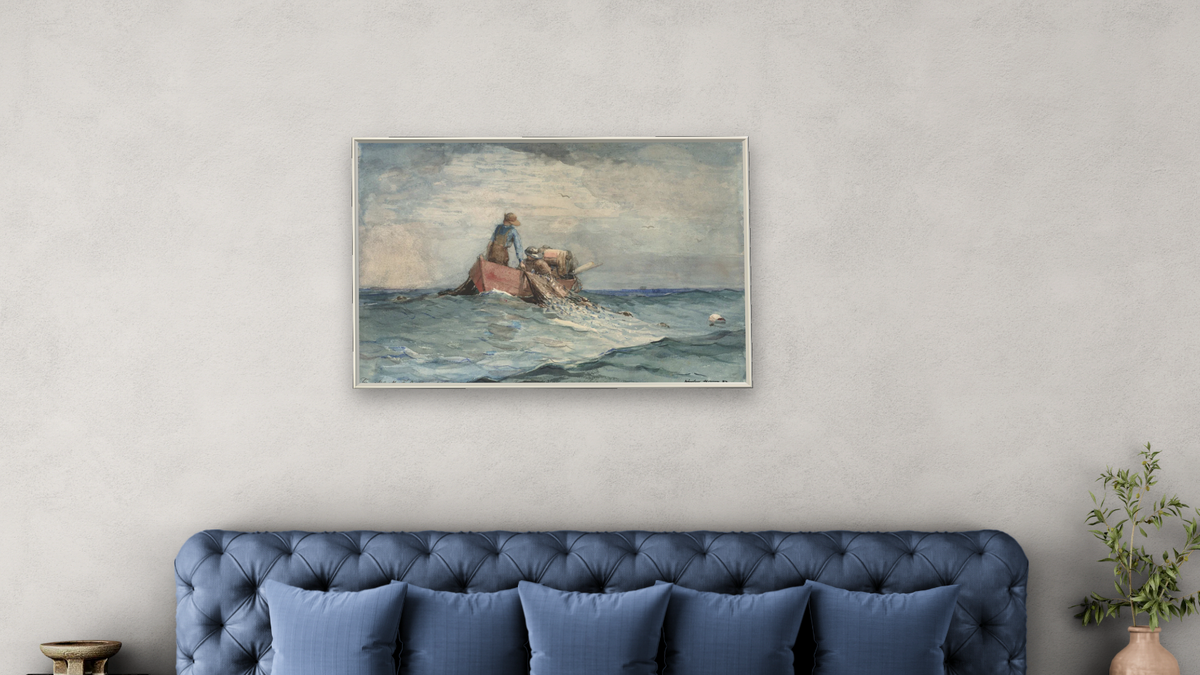 Hauling in the Nets by Winslow Homer, shown at 28 × 42 in (71.1 × 106.7 cm) on canvas in Ramino Opaque White, bedroom