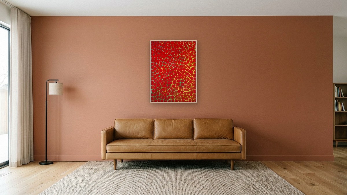 Delightful Song by Red Dahlia by Alma Thomas, shown at 30 × 40 in (76.2 × 101.6 cm) on canvas in Ramino Opaque White, media room