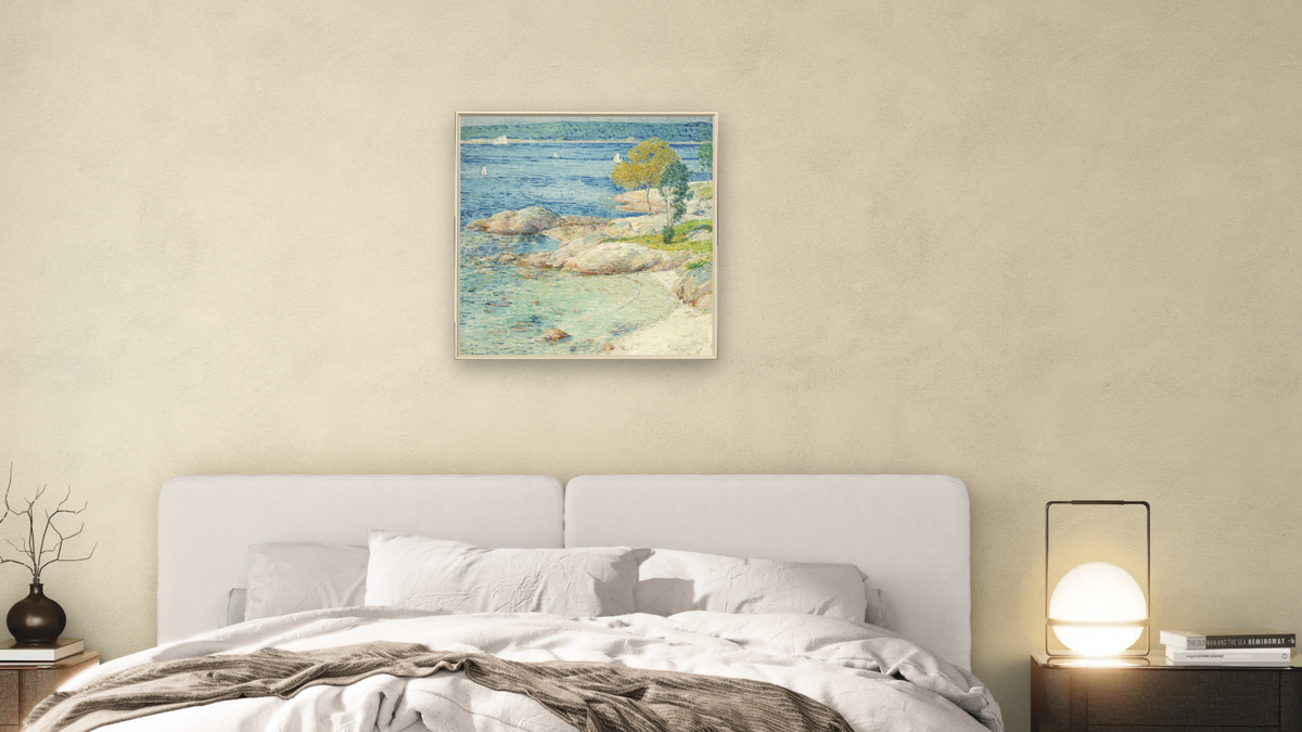 The Outer Harbour by Childe Hassam, shown at 32 × 32 in (81.3 × 81.3 cm) on canvas in Ramino Opaque White, bedroom