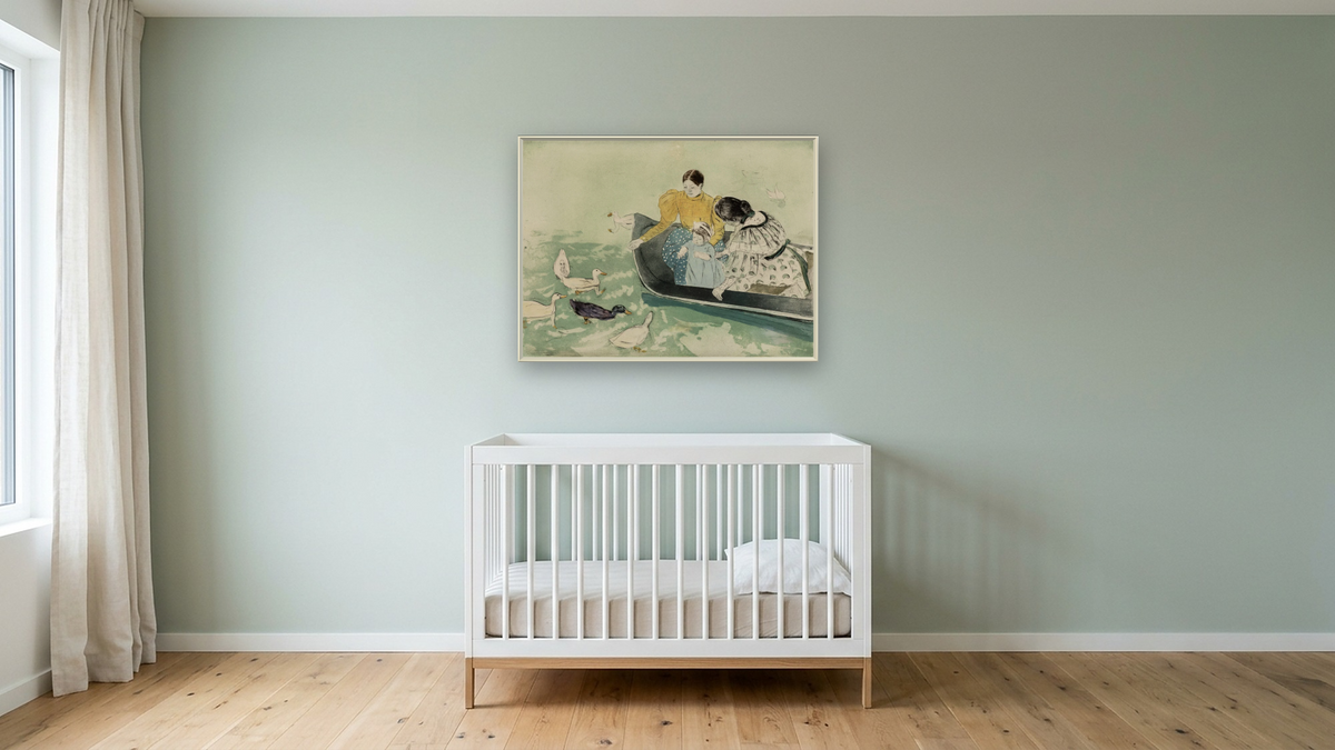Feeding the Ducks by Mary Cassatt, shown at 30 × 40 in (76.2 × 101.6 cm) on canvas in Ramino Opaque White, nursery