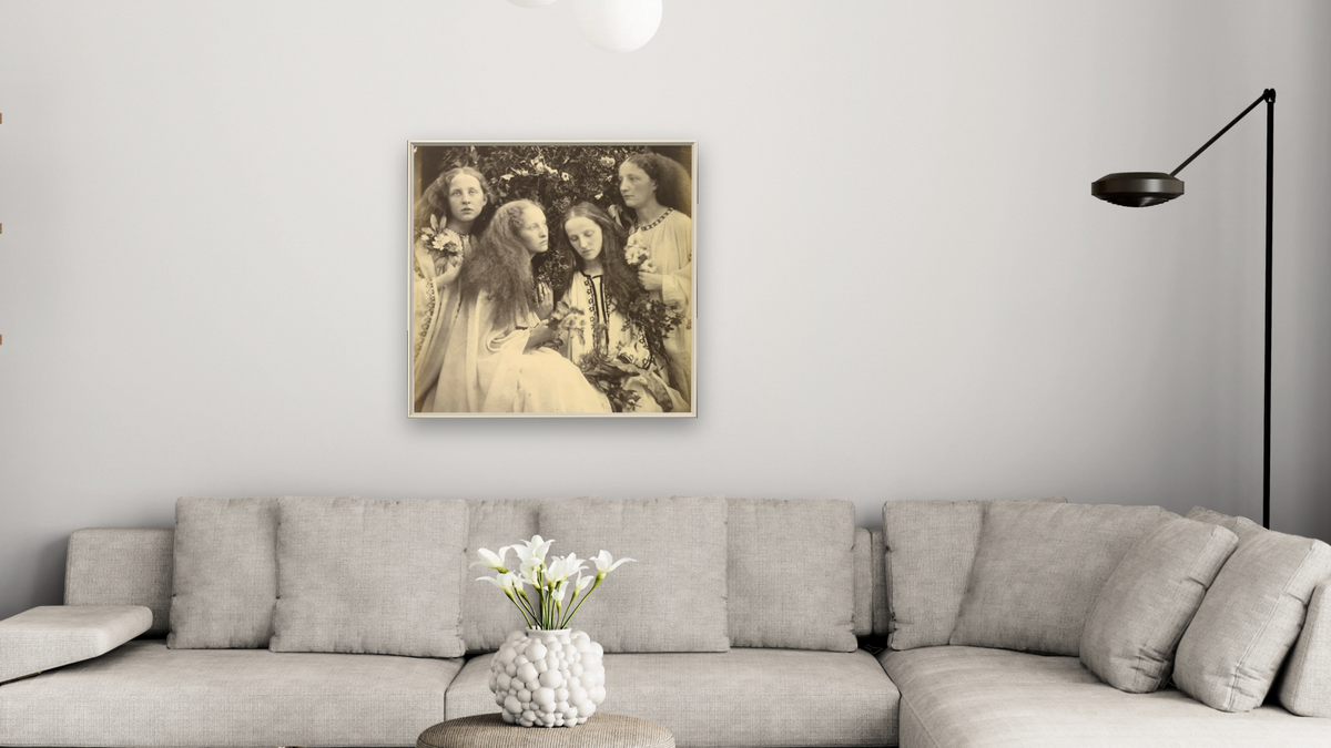 The Rosebud Garden of Girls by Julia Margaret Cameron, shown at 32 × 32 in (81.3 × 81.3 cm) on canvas in Ramino Opaque White, living