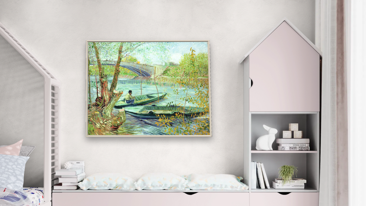 Fishing in the Spring. Pont de Clichy by Vincent van Gogh, shown at 32 × 40 in (81.3 × 101.6 cm) on canvas in Ramino Opaque White, bedroom