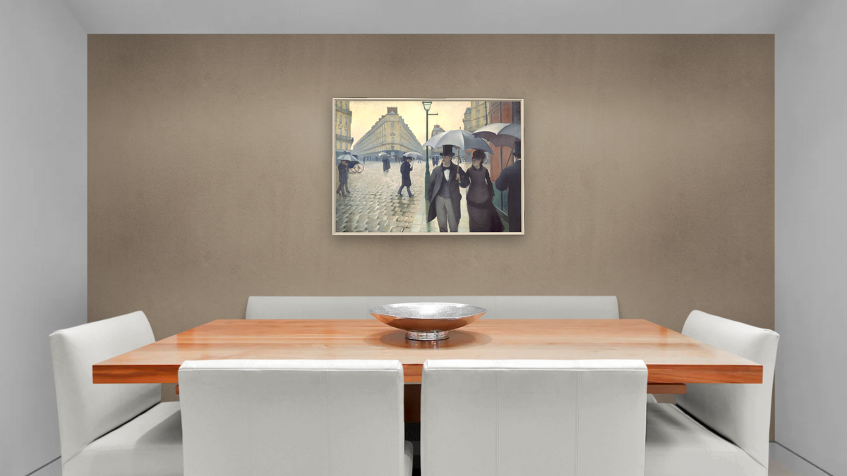 Paris Street; Rainy Day by Gustave Caillebotte, shown at 30 × 40 in (76.2 × 101.6 cm) on canvas in Ramino Opaque White, dining