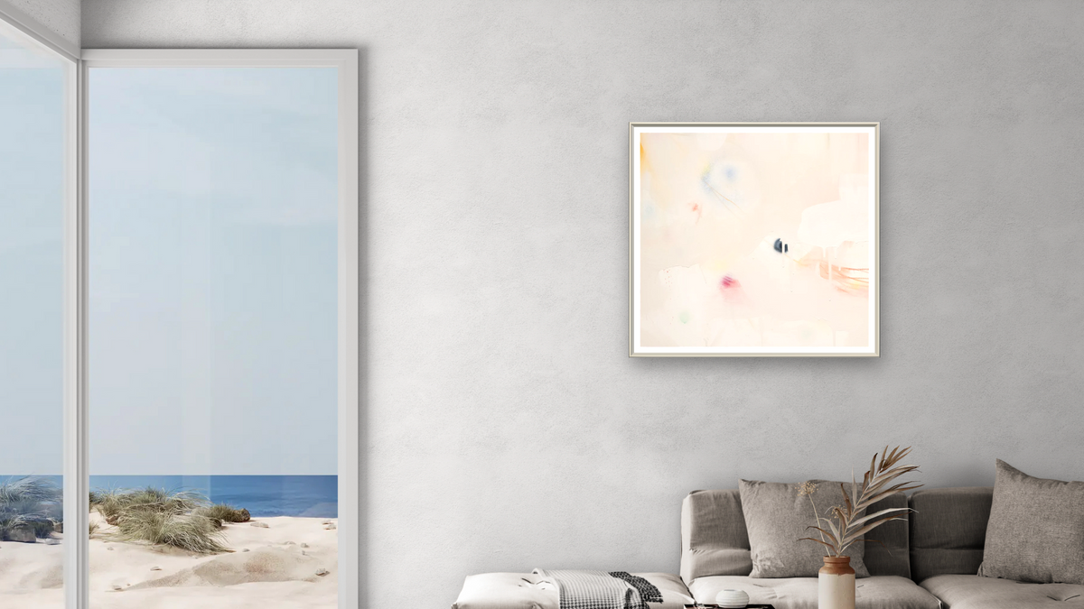 Snack 3 by Nino Yuniardi, shown at 32 × 32 in (81.3 × 81.3 cm) on canvas in Ramino Opaque White, living