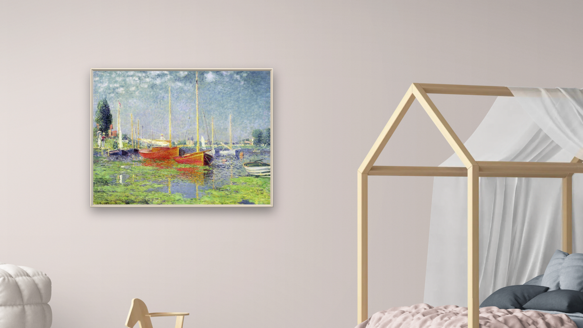 Argenteuil by Claude Monet, shown at 32 × 40 in (81.3 × 101.6 cm) on canvas in Ramino Opaque White, bedroom