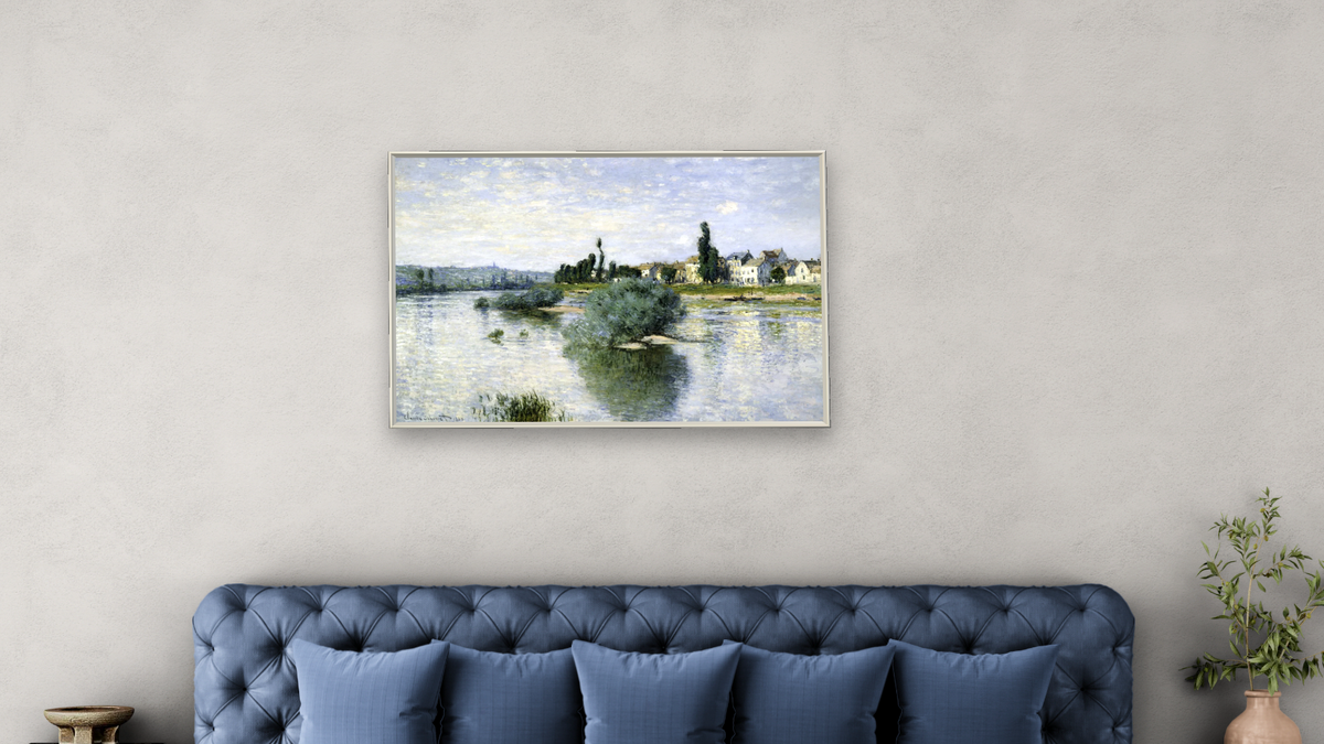 The Seine at Lavacourt by Claude Monet, shown at 28 × 42 in (71.1 × 106.7 cm) on canvas in Ramino Opaque White, bedroom