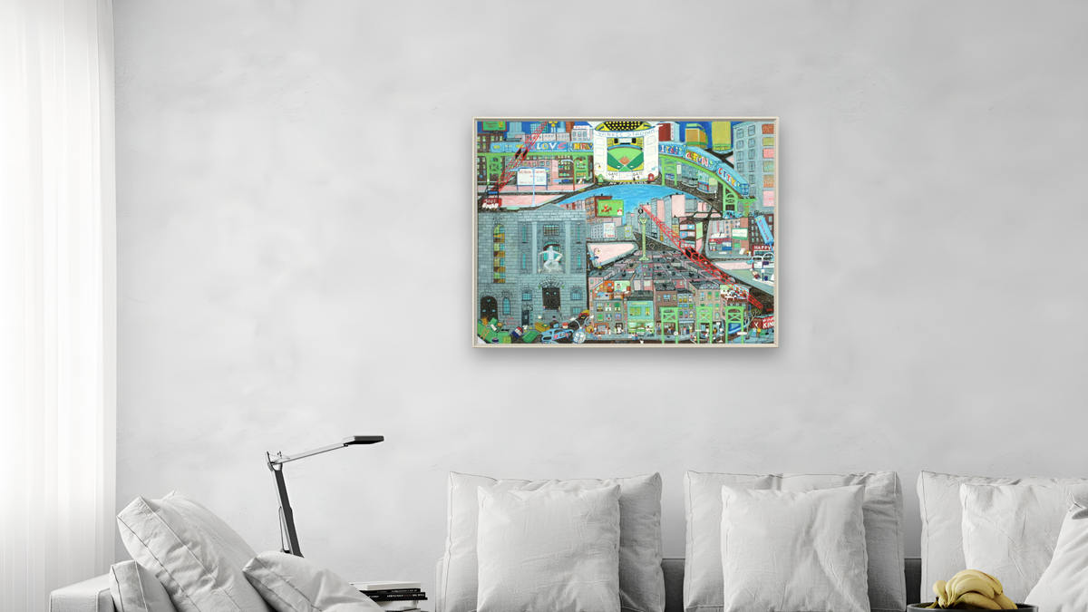 I Love New York by Ralph Fasanella, shown at 32 × 40 in (81.3 × 101.6 cm) on canvas in Ramino Opaque White, living