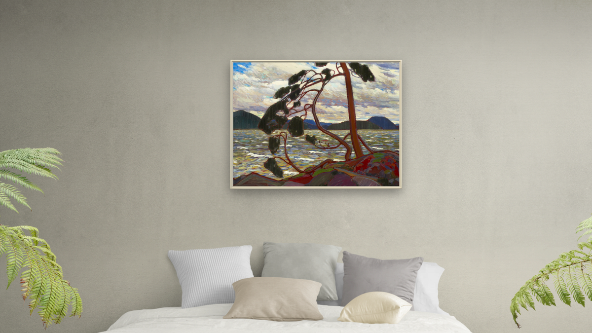The West Wind by Tom Thomson, shown at 32 × 40 in (81.3 × 101.6 cm) on canvas in Ramino Opaque White, bedroom
