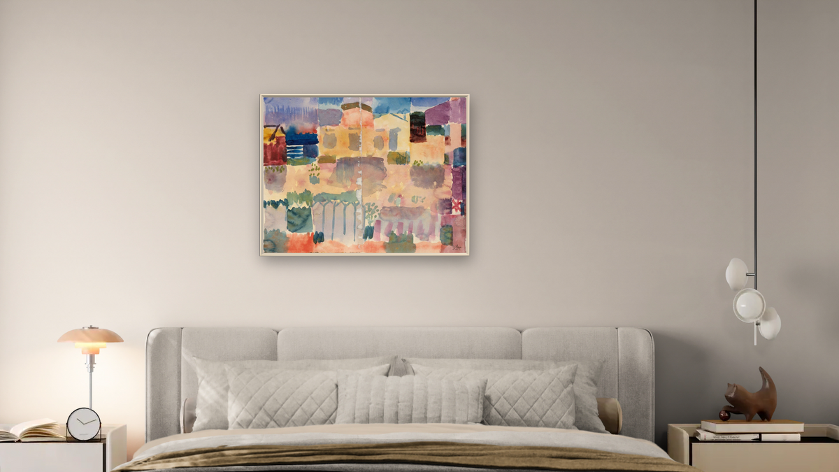 Garden in St. Germain, The European Quarter Near Tunis by Paul Klee, shown at 32 × 40 in (81.3 × 101.6 cm) on canvas in Ramino Opaque White, bedroom