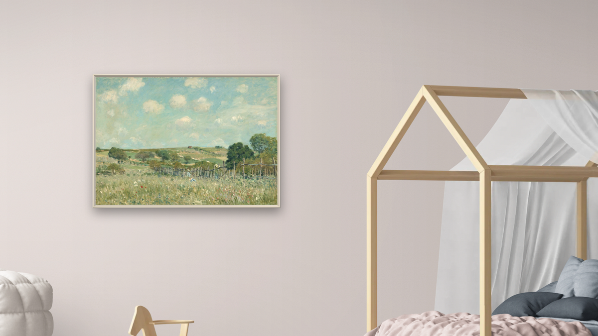 Meadow by Alfred Sisley, shown at 30 × 40 in (76.2 × 101.6 cm) on canvas in Ramino Opaque White, bedroom