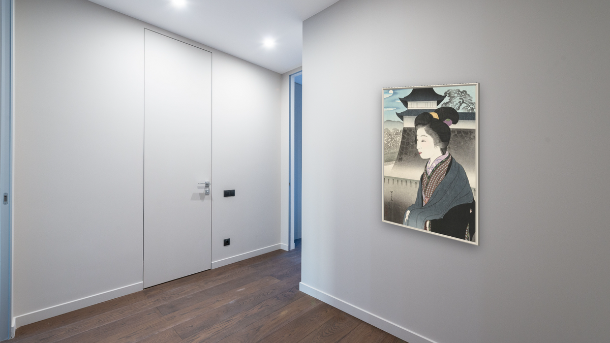 Moonlight at Nijo Castle (Nijo-jo no Tsuki) by Miki Suizan, shown at 28 × 42 in (71.1 × 106.7 cm) on canvas in Ramino Opaque White, hallway