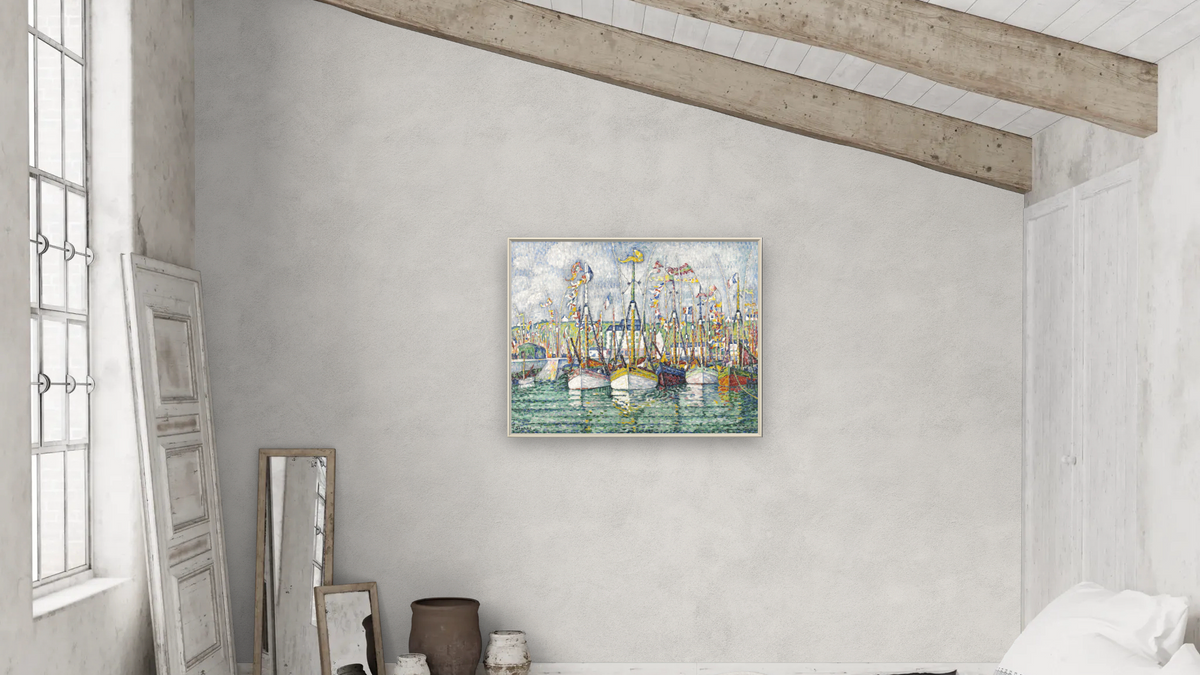 Blessing of the Tuna Fleet at Groix by Paul Signac, shown at 32 × 40 in (81.3 × 101.6 cm) on canvas in Ramino Opaque White, bedroom