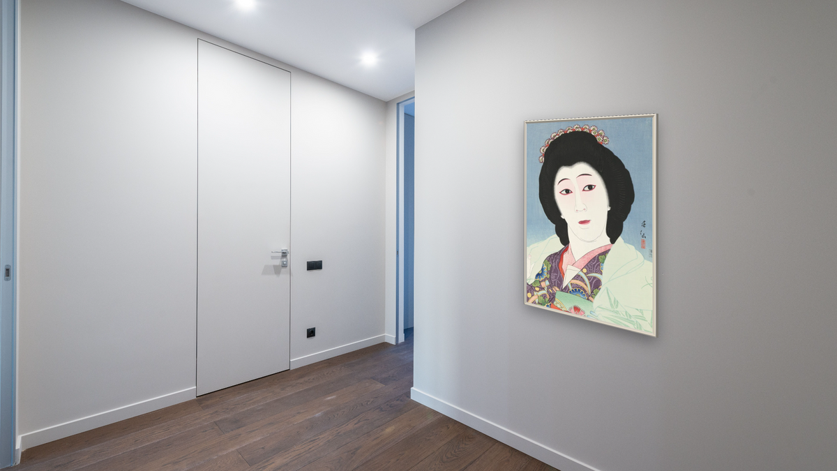 Onoye Baiko as Sayuri by Natori Shunsen, shown at 28 × 42 in (71.1 × 106.7 cm) on canvas in Ramino Opaque White, hallway