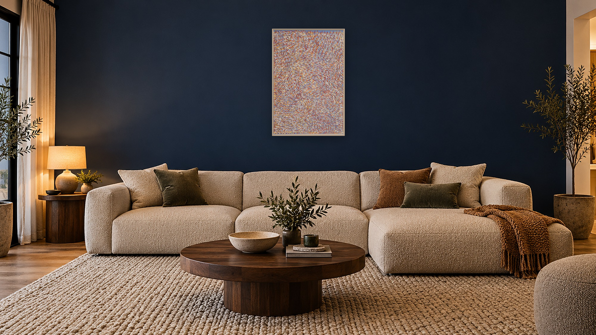 Leaves by Gloria Tamerre Petyarr, shown at 28 × 42 in (71.1 × 106.7 cm) on canvas in Ramino Opaque White, media room