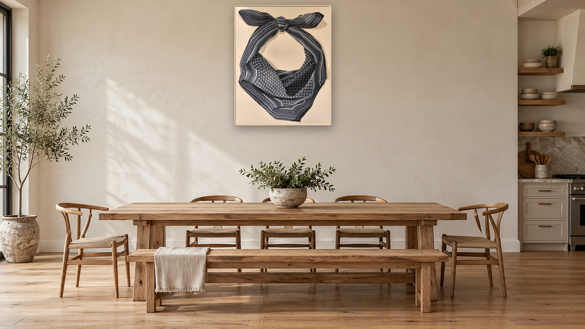 Squint and You'll Miss It, shown at 32 × 40 in (81.3 × 101.6 cm) on canvas in Ramino Opaque White, kitchen