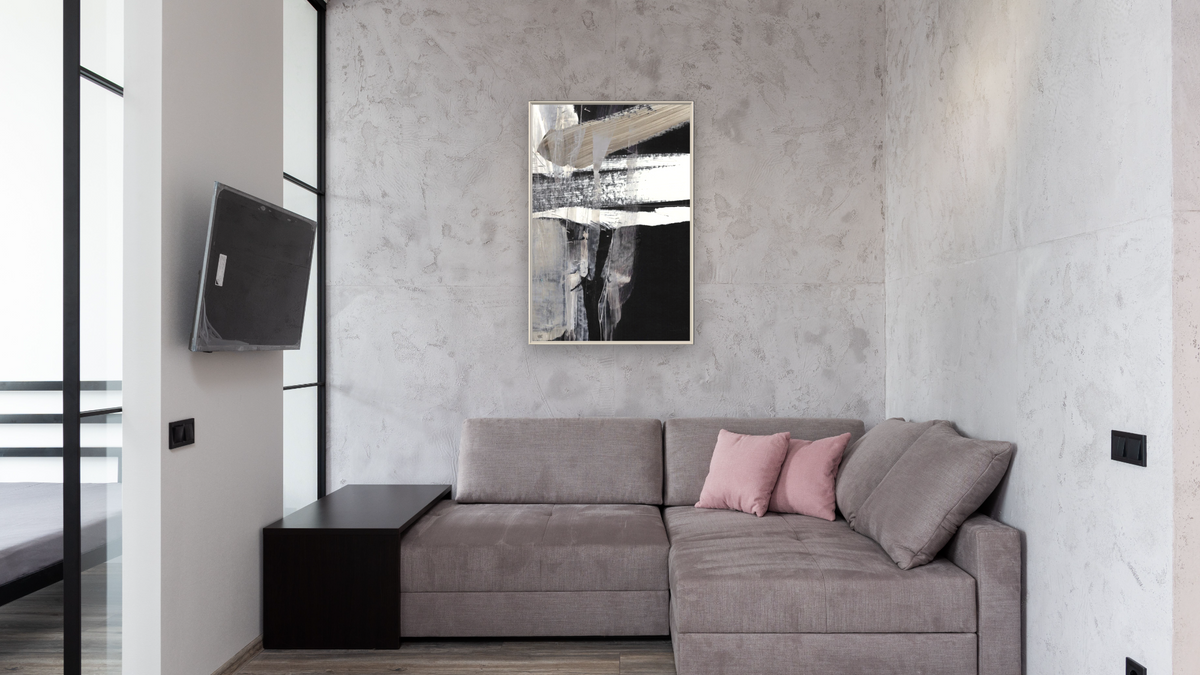 Mansin by Dan Hobday, shown at 28 × 42 in (71.1 × 106.7 cm) on canvas in Ramino Opaque White, media room