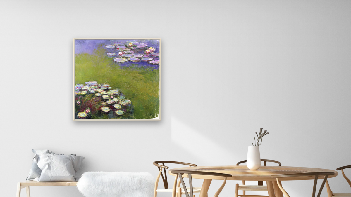 Waterlilies by Claude Monet, shown at 32 × 32 in (81.3 × 81.3 cm) on canvas in Ramino Opaque White, dining