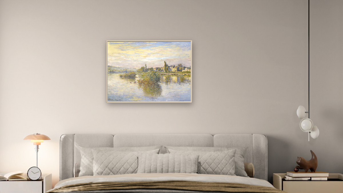 Bords de la Seine à Lavacourt by Claude Monet, shown at 30 × 40 in (76.2 × 101.6 cm) on canvas in Ramino Opaque White, bedroom