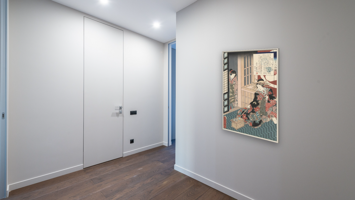 Tale of the Courtesan Shiratama by Utagawa Toyokuni, shown at 28 × 42 in (71.1 × 106.7 cm) on canvas in Ramino Opaque White, hallway