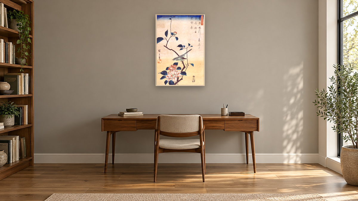 Tsubaki ni Uguisu (Camellia and Bush Warbler) by Andō Hiroshige, shown at 28 × 42 in (71.1 × 106.7 cm) on canvas in Ramino Opaque White, library