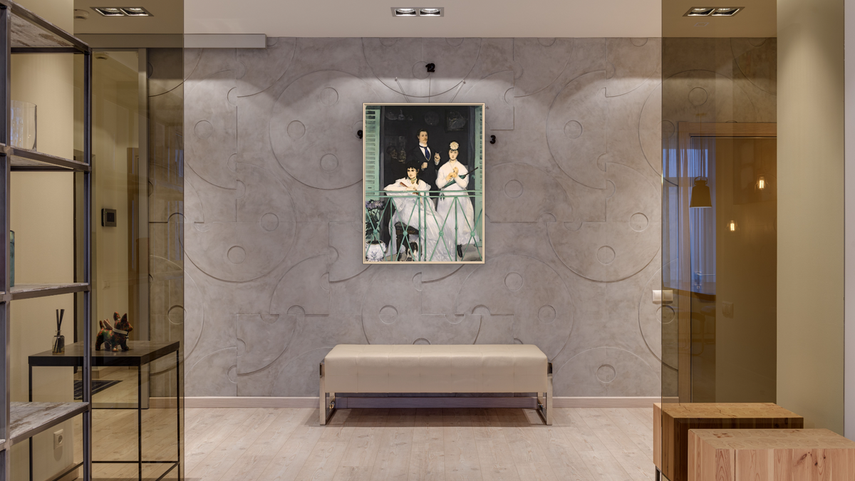The Balcony by Edouard Manet, shown at 30 × 40 in (76.2 × 101.6 cm) on canvas in Ramino Opaque White, hallway
