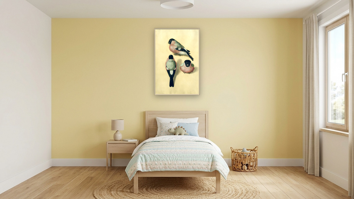 Three studies of a bullfinch (w/c & gouache on paper) by Albrecht Dürer, shown at 28 × 42 in (71.1 × 106.7 cm) on canvas in Ramino Opaque White, kids' room