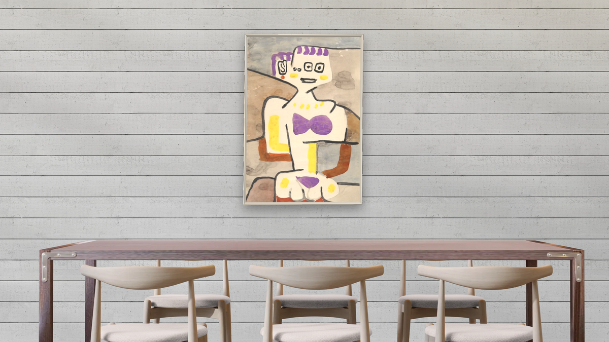 The Girl in the North by Paul Klee, shown at 28 × 42 in (71.1 × 106.7 cm) on canvas in Ramino Opaque White, dining