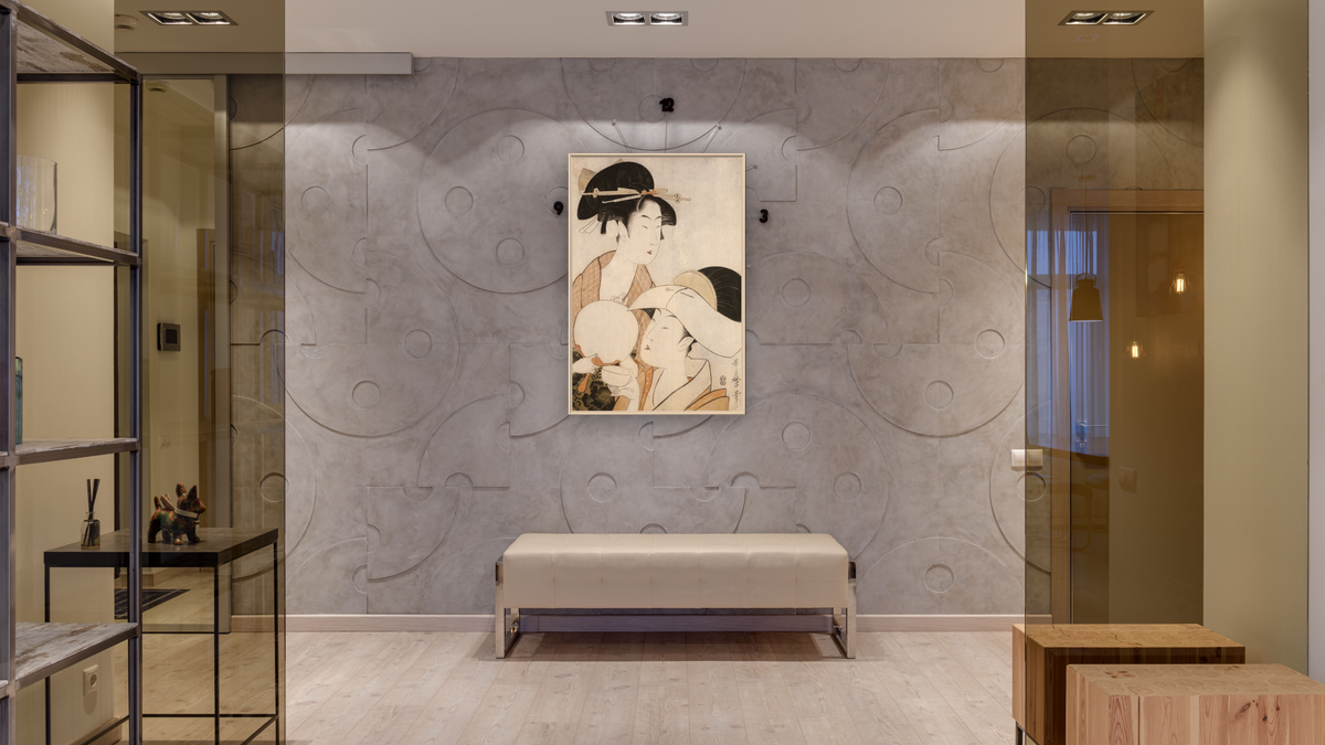 Two Beauties, One Holding a Teacup, the Other Fingering her Hairpin by Kitagawa Utamaro, shown at 28 × 42 in (71.1 × 106.7 cm) on canvas in Ramino Opaque White, hallway