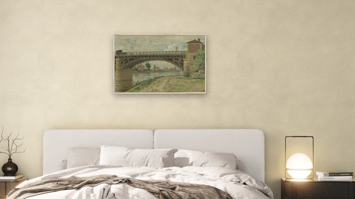Le Pont dArgenteuil / The Highway Bridge viewed from the Port by Claude Monet, shown at 28 × 42 in (71.1 × 106.7 cm) on canvas in Ramino Opaque White, bedroom