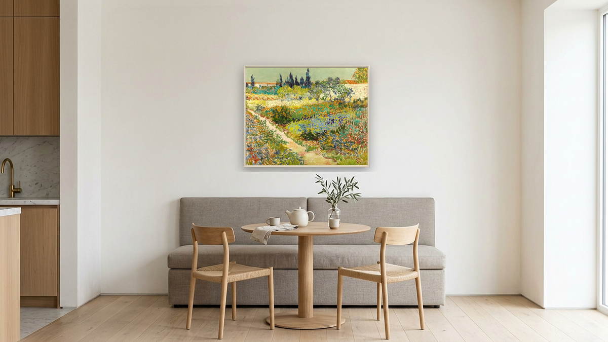Garden at Arles by Vincent van Gogh, shown at 32 × 40 in (81.3 × 101.6 cm) on canvas in Ramino Opaque White, kitchen