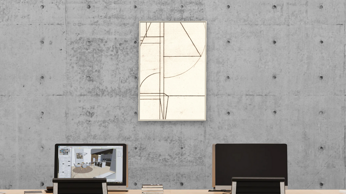 Min Mod 2 by Dan Hobday, shown at 28 × 42 in (71.1 × 106.7 cm) on canvas in Ramino Opaque White, office