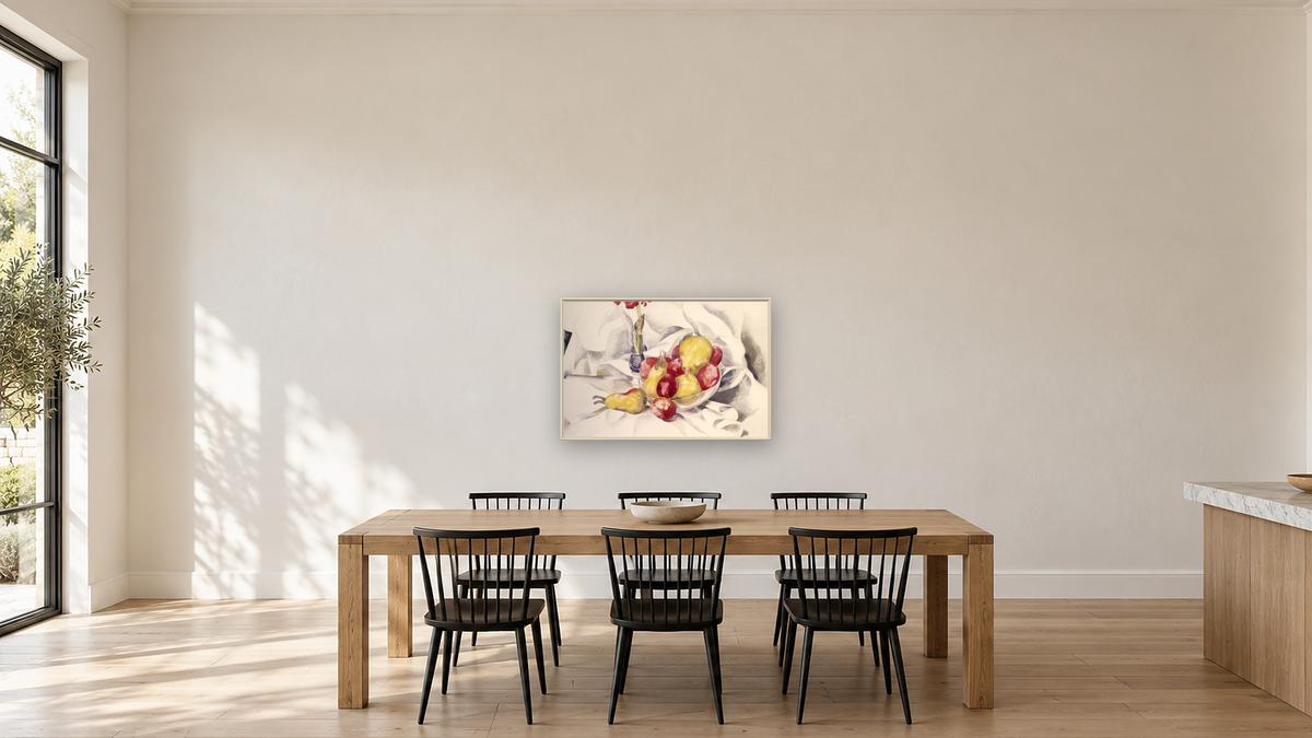 Pears and Plums, 1924 by Charles Demuth, shown at 28 × 42 in (71.1 × 106.7 cm) on canvas in Ramino Opaque White, kitchen