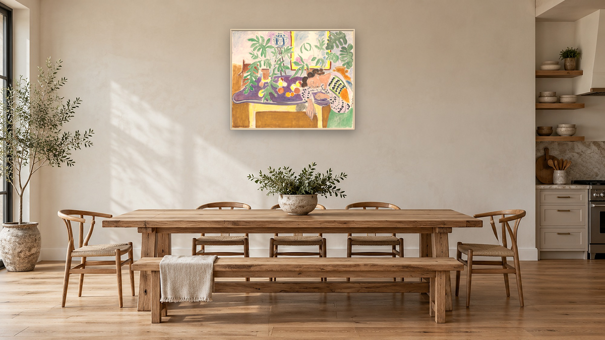 Still Life with Sleeping Woman by Henri Matisse, shown at 32 × 40 in (81.3 × 101.6 cm) on canvas in Ramino Opaque White, kitchen