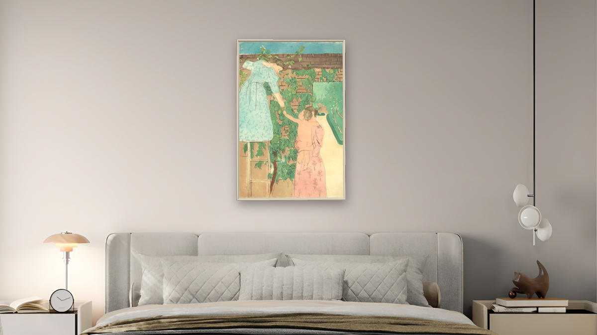 Gathering Fruit by Mary Cassatt, shown at 28 × 42 in (71.1 × 106.7 cm) on canvas in Ramino Opaque White, bedroom