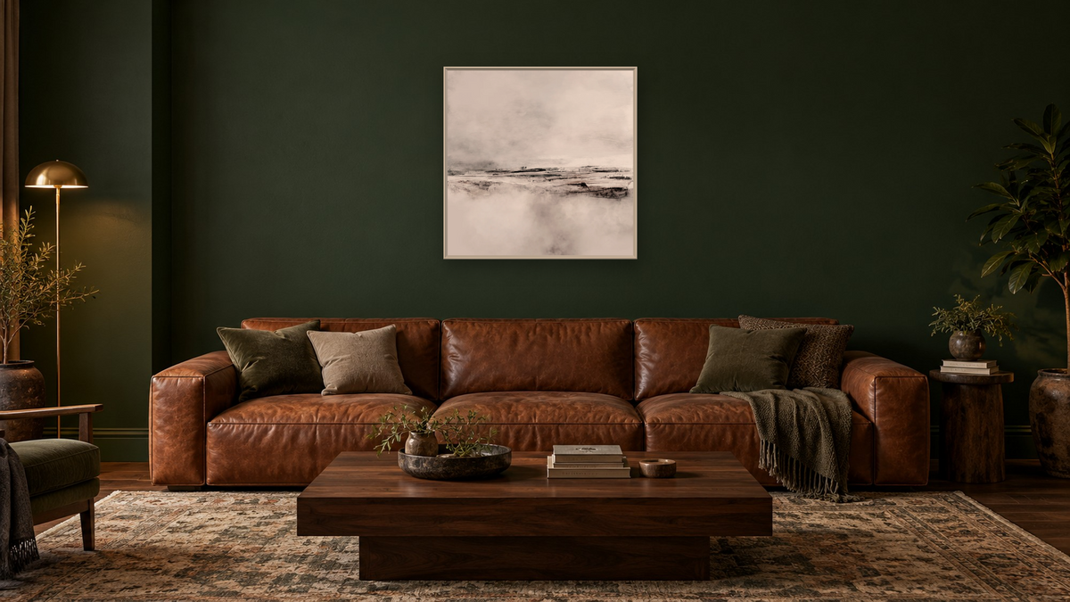 Ranch by Dan Hobday, shown at 32 × 32 in (81.3 × 81.3 cm) on canvas in Ramino Opaque White, den