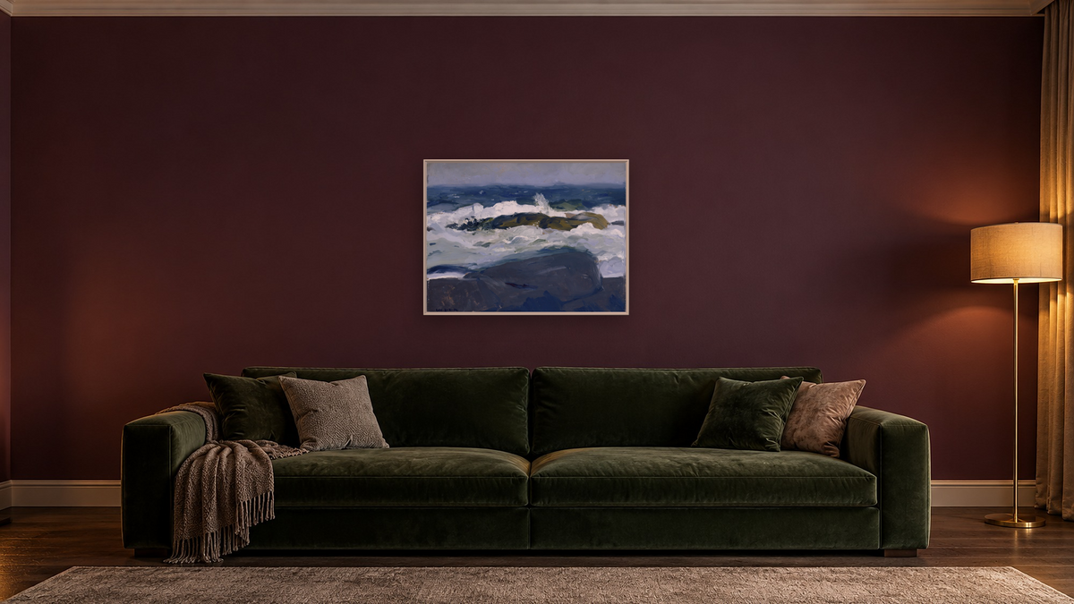 Rock Reef, Maine by George Wesley Bellows, shown at 30 × 40 in (76.2 × 101.6 cm) on canvas in Ramino Opaque White, den