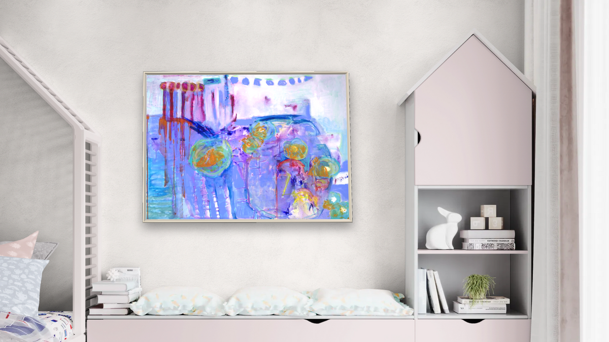 J's Spring Garden by Diane Boone, shown at 30 × 40 in (76.2 × 101.6 cm) on canvas in Ramino Opaque White, bedroom