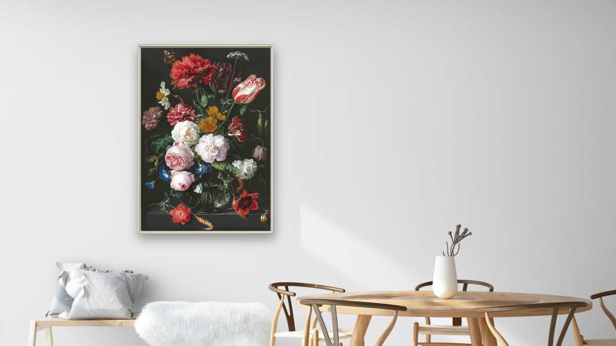 Still Life with Flowers in a Glass Vase by Jan Davidsz de Heem, shown at 28 × 42 in (71.1 × 106.7 cm) on canvas in Ramino Opaque White, dining