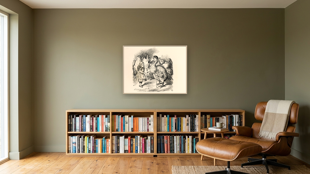 Alice meets the Dodo, illustration from 'Alice's Adventures in Wonderland', by Lewis Carroll by John Tenniel, shown at 30 × 40 in (76.2 × 101.6 cm) on canvas in Ramino Opaque White, library