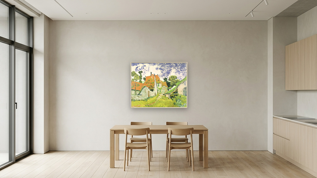 Street in Auvers-sur-Oise by Vincent van Gogh, shown at 32 × 40 in (81.3 × 101.6 cm) on canvas in Ramino Opaque White, kitchen